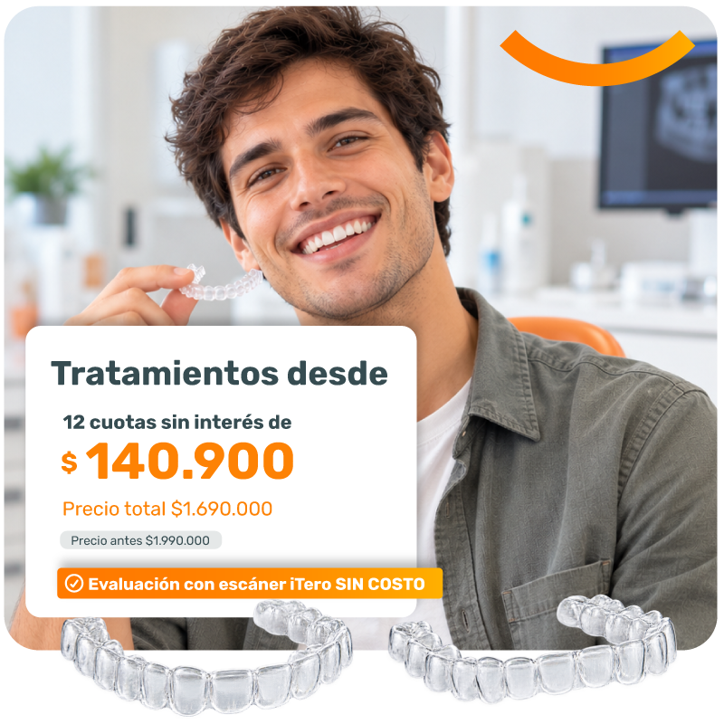 Tratamientos desde 12 cuotas sin interés de $140.900. Precio total $1.690.000. Precio antes $1.990.000. Evaluación con escáner iTero SIN COSTO. Tratamientos desde 12 cuotas sin interés de $140.900. Precio total $1.690.000. Precio antes $1.990.000. Evaluación con escáner iTero SIN COSTO.